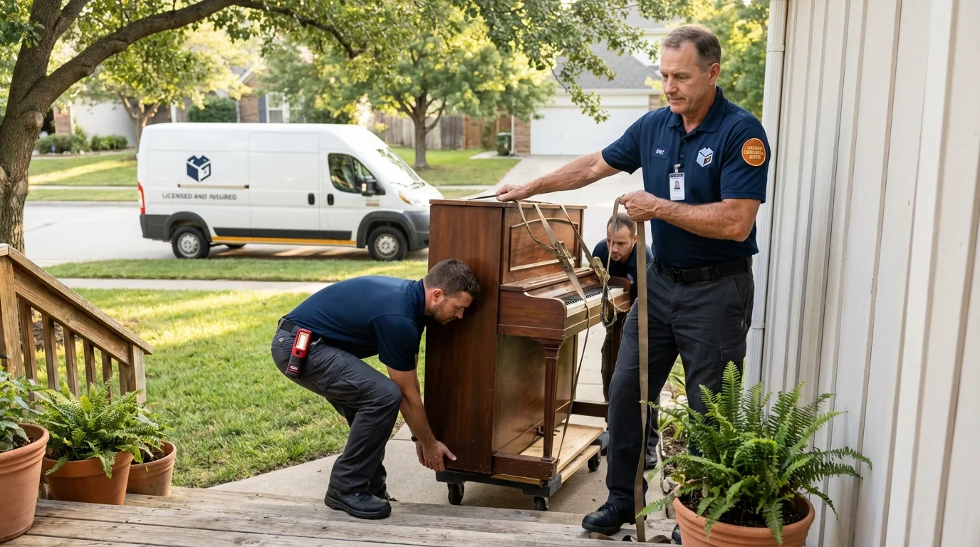 Licensed piano movers securing grand piano in Cedar Lake, IN