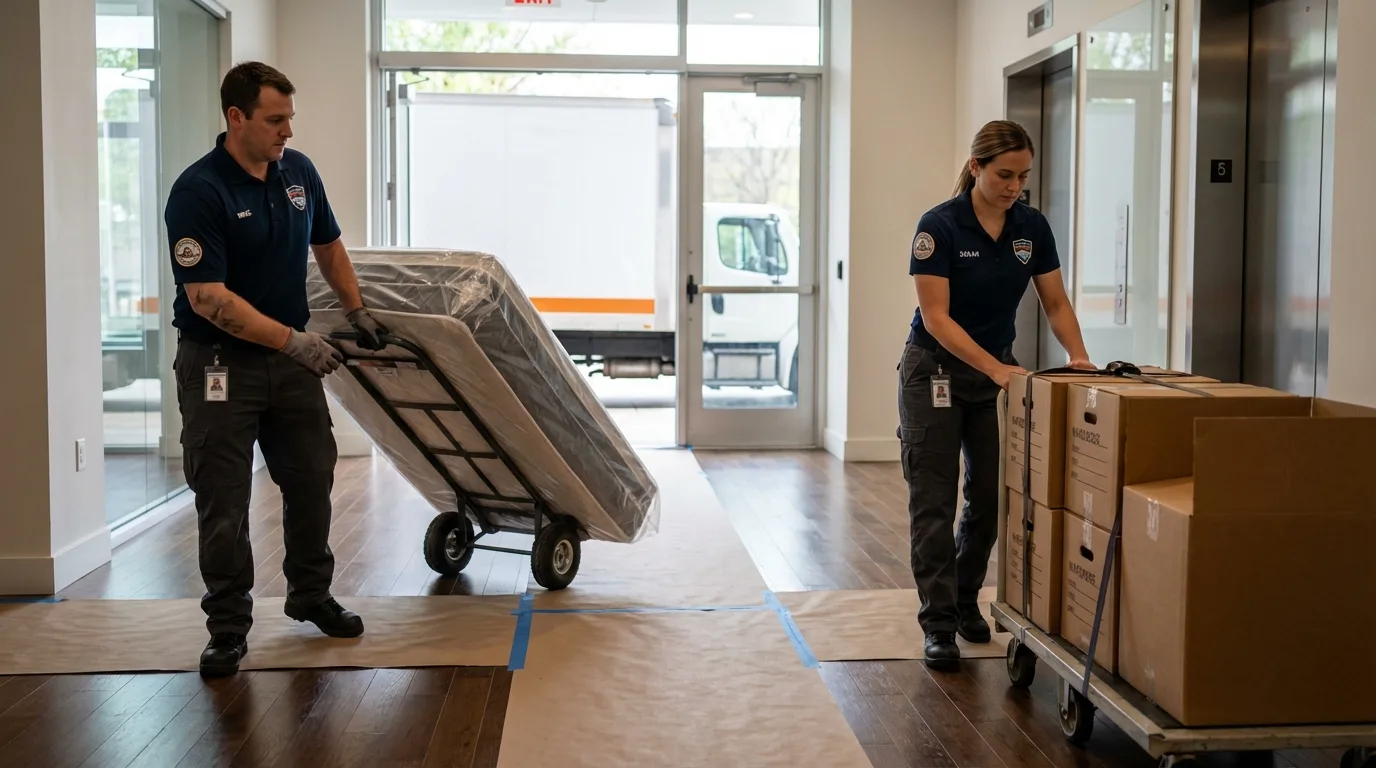 Professional apartment movers loading elevator in Cedar Lake, IN